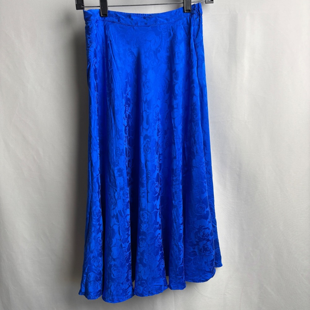VTG Royal Blue Silk Floral Jacquard Midi Skirt 80s Side Zip Secretary High Rise